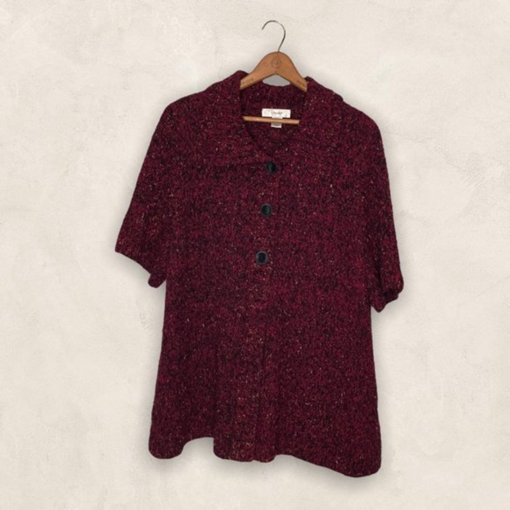 CJ Banks 1X Maroon Nubby Boucle Knit Short Sleeve Long Cardigan Sweater Plus‎